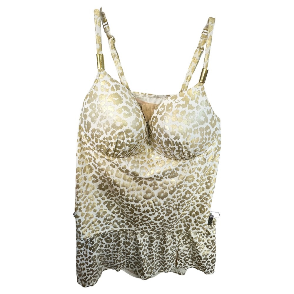 Cacique Swim Plus Size 42DDD 22W Swimsuit Tankini Gold Metallic Cheetah Set 179 - Picture 2 of 13